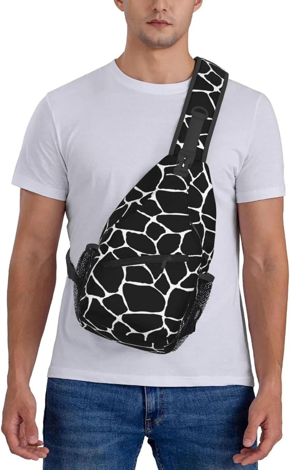 Black Geometric Texture Cross Chest Bag Diagonally Hiking Crossbody Bag Travel Shoulder Daypack Lightweight Sling Backpack Cycling Daypacks Fitness Chest Backpacks