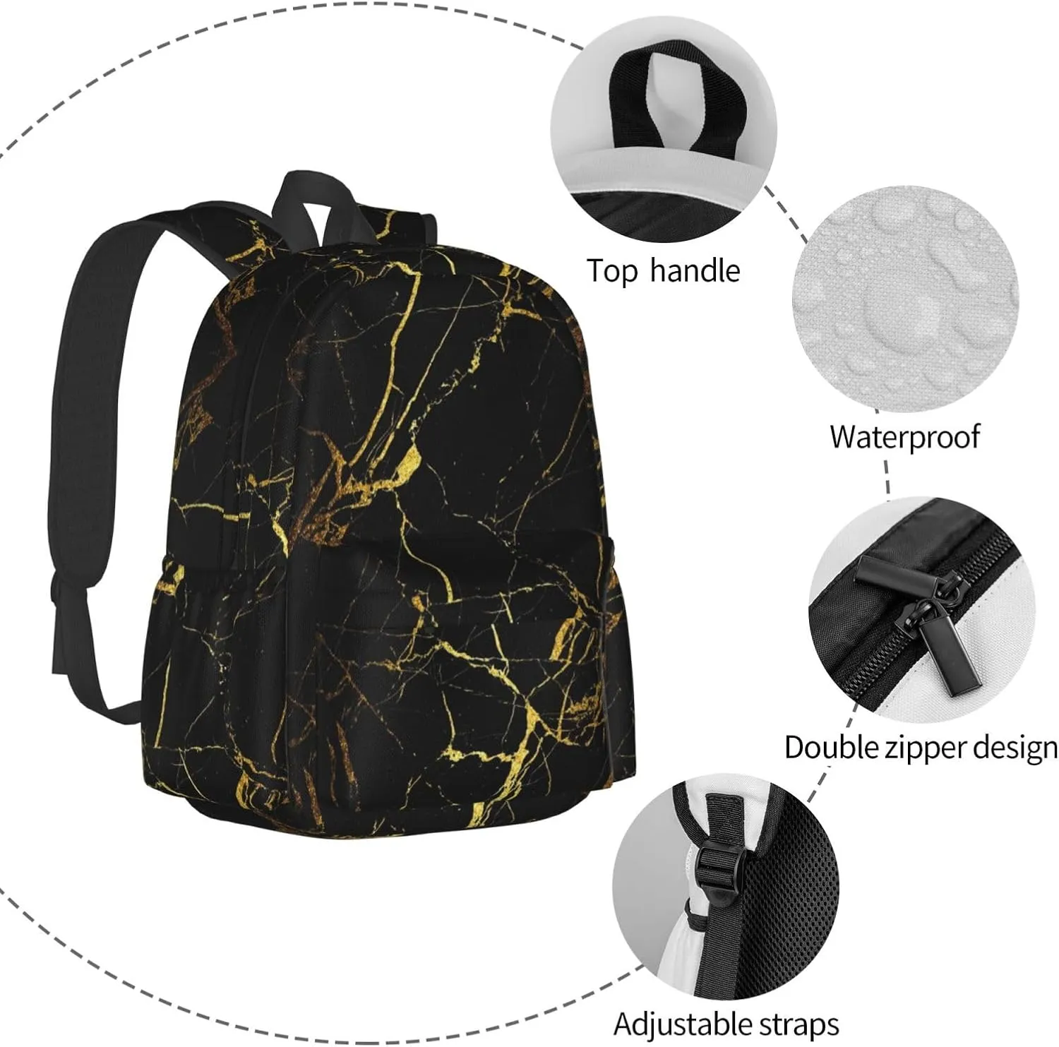 Black Gold Marble Stylish Backpack With Adjustable Padded Shoulder Straps Daypacks For Girls College Travel