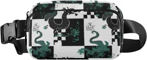 Black Green White Dragon Plaid Cute Crossbody Bag Waist Packs for Women Men Teenagers Mini Belt Bag Travel Wallet with Adjustable Strap for Cycling Hiking Gym