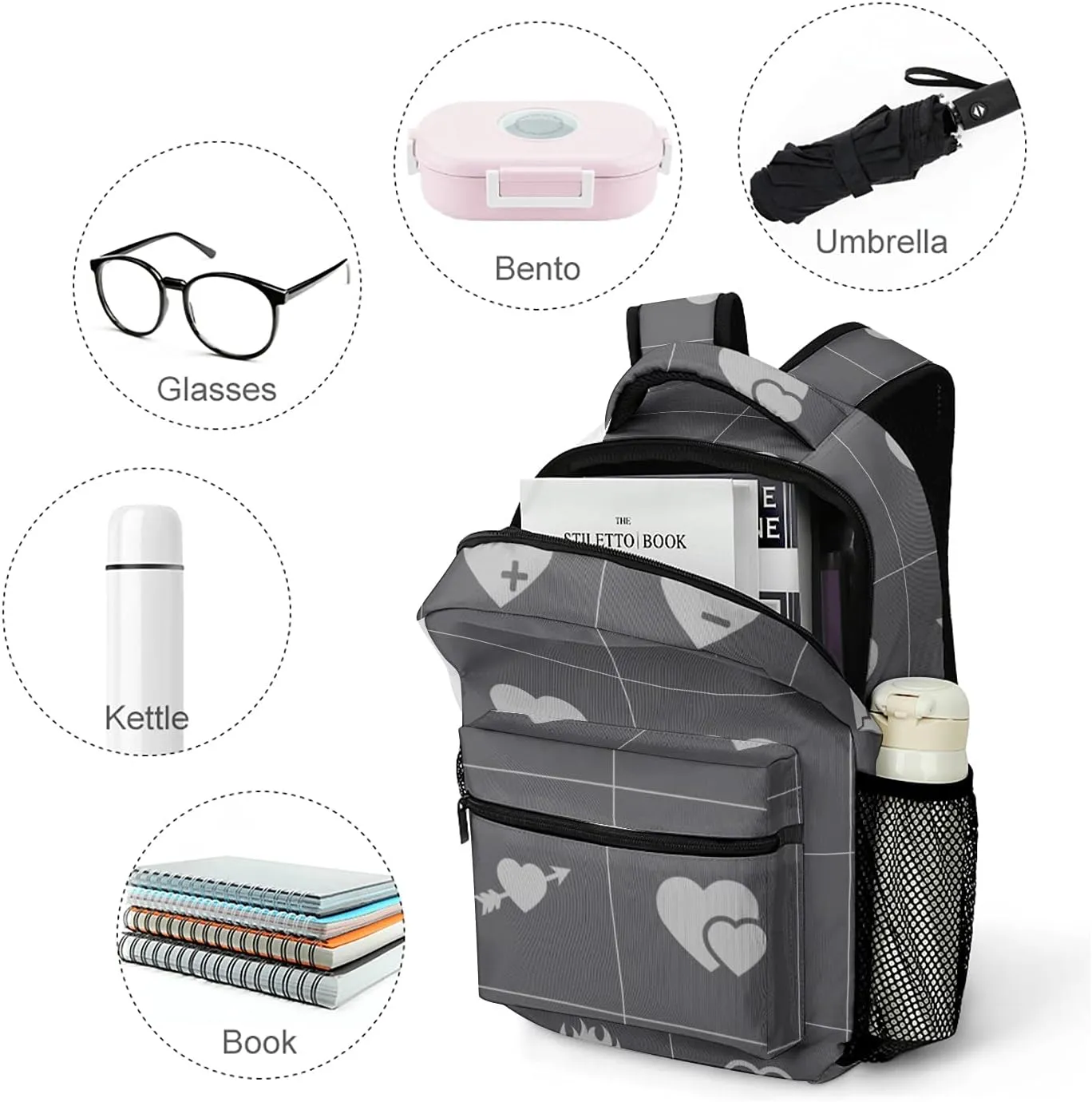 Black Hearts Icon Kids Backpack, Student School Bags for Boys & Girls, Bookbags with Adjustable Strapfor Travel