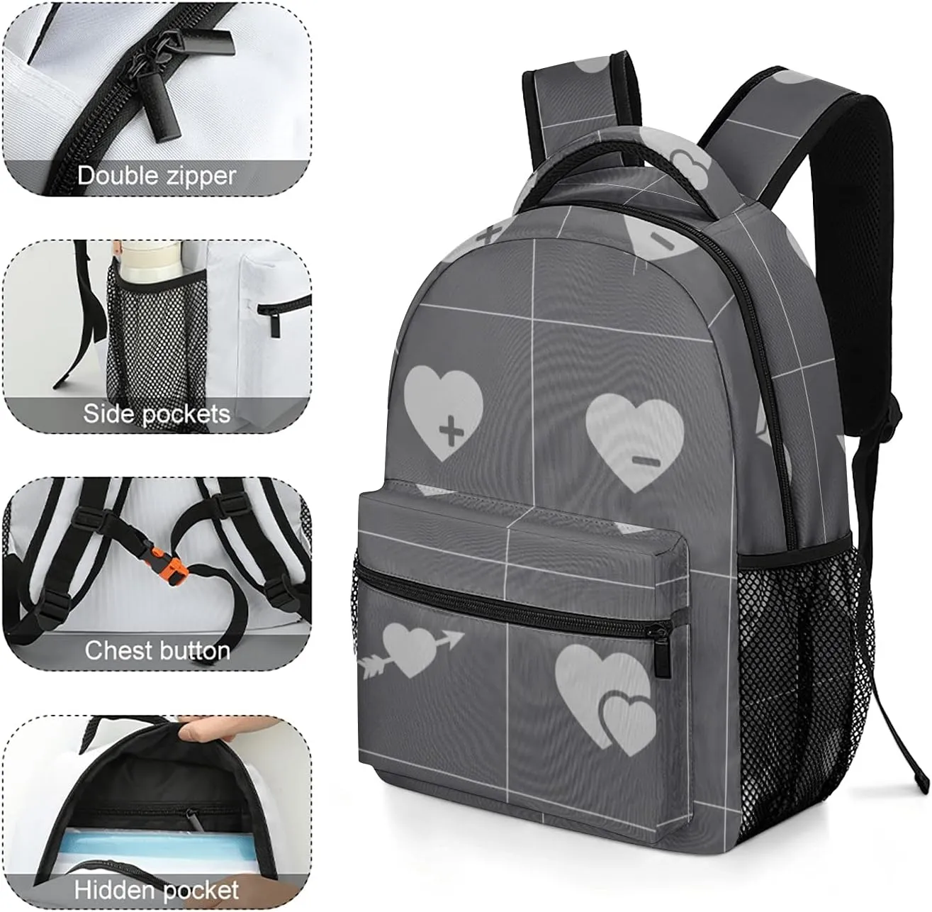 Black Hearts Icon Kids Backpack, Student School Bags for Boys & Girls, Bookbags with Adjustable Strapfor Travel