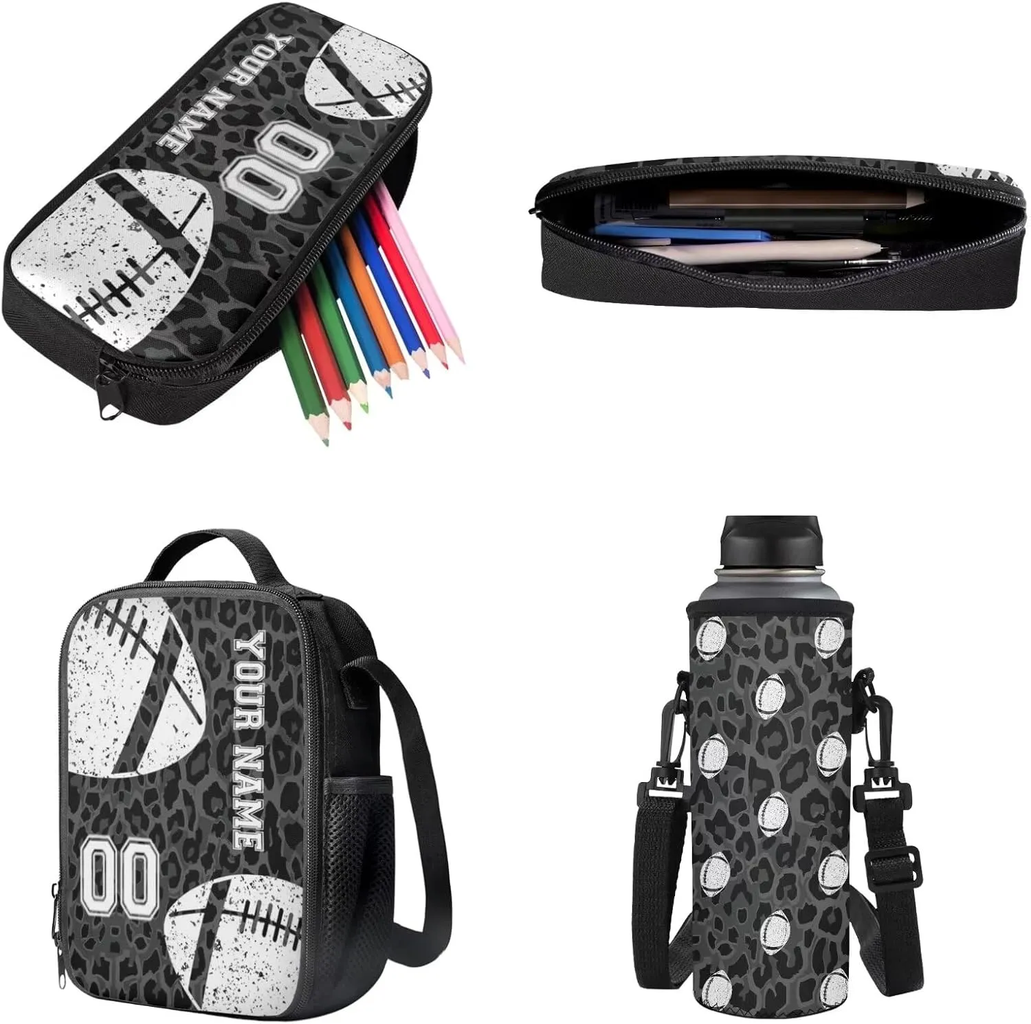 Black Leopard American Football Print 4 Piece Set Custom School Backpack for Teens Casual Zippered Rucksack Outdoor Daypack with Lunch Bag Pencil Pouch Case Water Bottle Sleeve