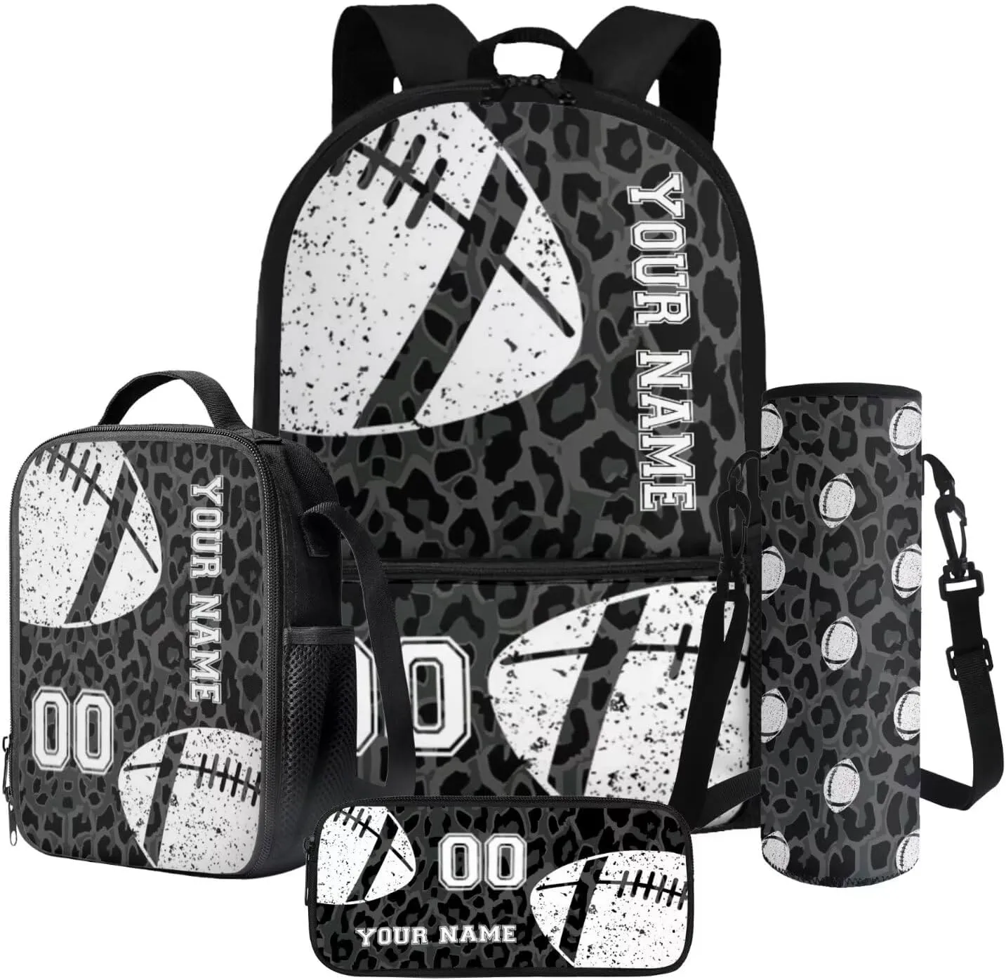 Black Leopard American Football Print 4 Piece Set Custom School Backpack for Teens Casual Zippered Rucksack Outdoor Daypack with Lunch Bag Pencil Pouch Case Water Bottle Sleeve