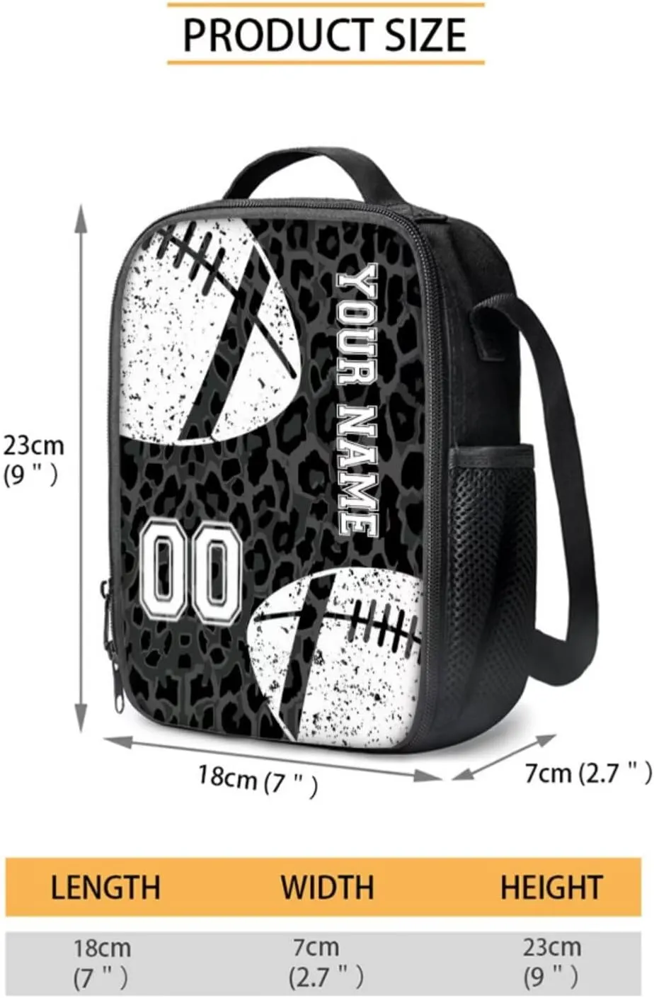 Black Leopard American Football Print 4 Piece Set Custom School Backpack for Teens Casual Zippered Rucksack Outdoor Daypack with Lunch Bag Pencil Pouch Case Water Bottle Sleeve