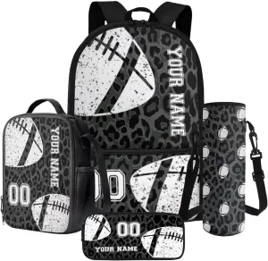 Black Leopard American Football Print 4 Piece Set Custom School Backpack for Teens Casual Zippered Rucksack Outdoor Daypack with Lunch Bag Pencil Pouch Case Water Bottle Sleeve