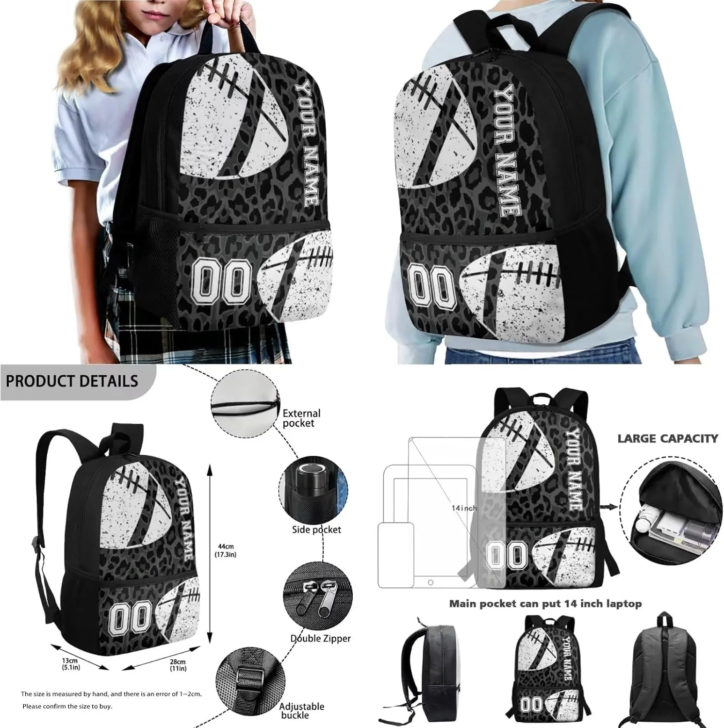 Black Leopard American Football Print 4 Piece Set Custom School Backpack for Teens Casual Zippered Rucksack Outdoor Daypack with Lunch Bag Pencil Pouch Case Water Bottle Sleeve