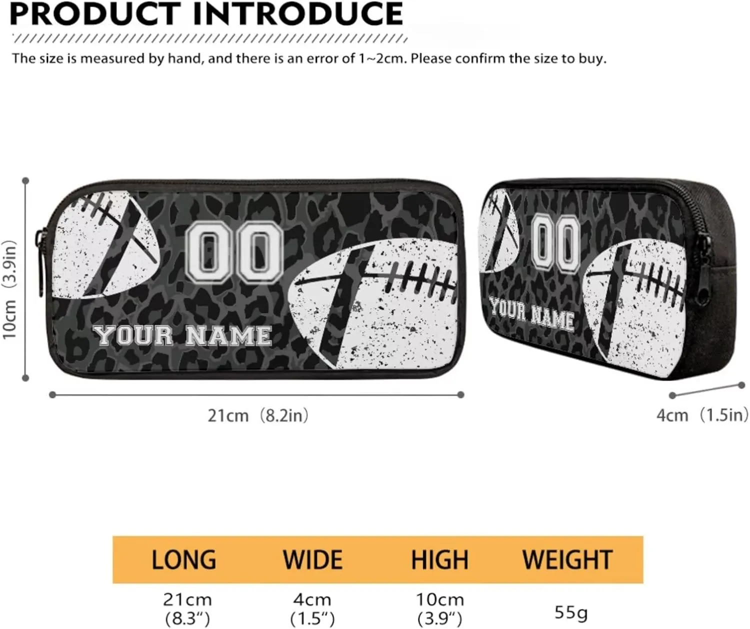 Black Leopard American Football Print 4 Piece Set Custom School Backpack for Teens Casual Zippered Rucksack Outdoor Daypack with Lunch Bag Pencil Pouch Case Water Bottle Sleeve