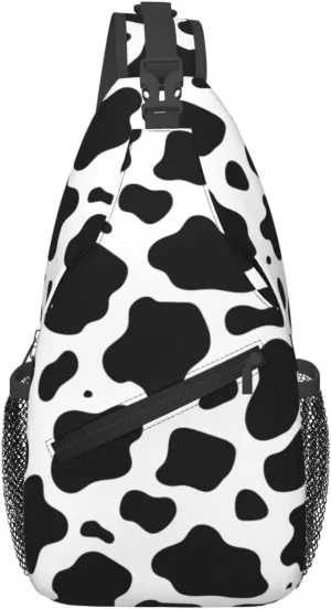 Black White Cow Print Cross Chest Bag Diagonally Hiking Crossbody Bag Travel Shoulder Daypack Lightweight Sling Backpack Cycling Daypacks Fitness Chest Backpacks