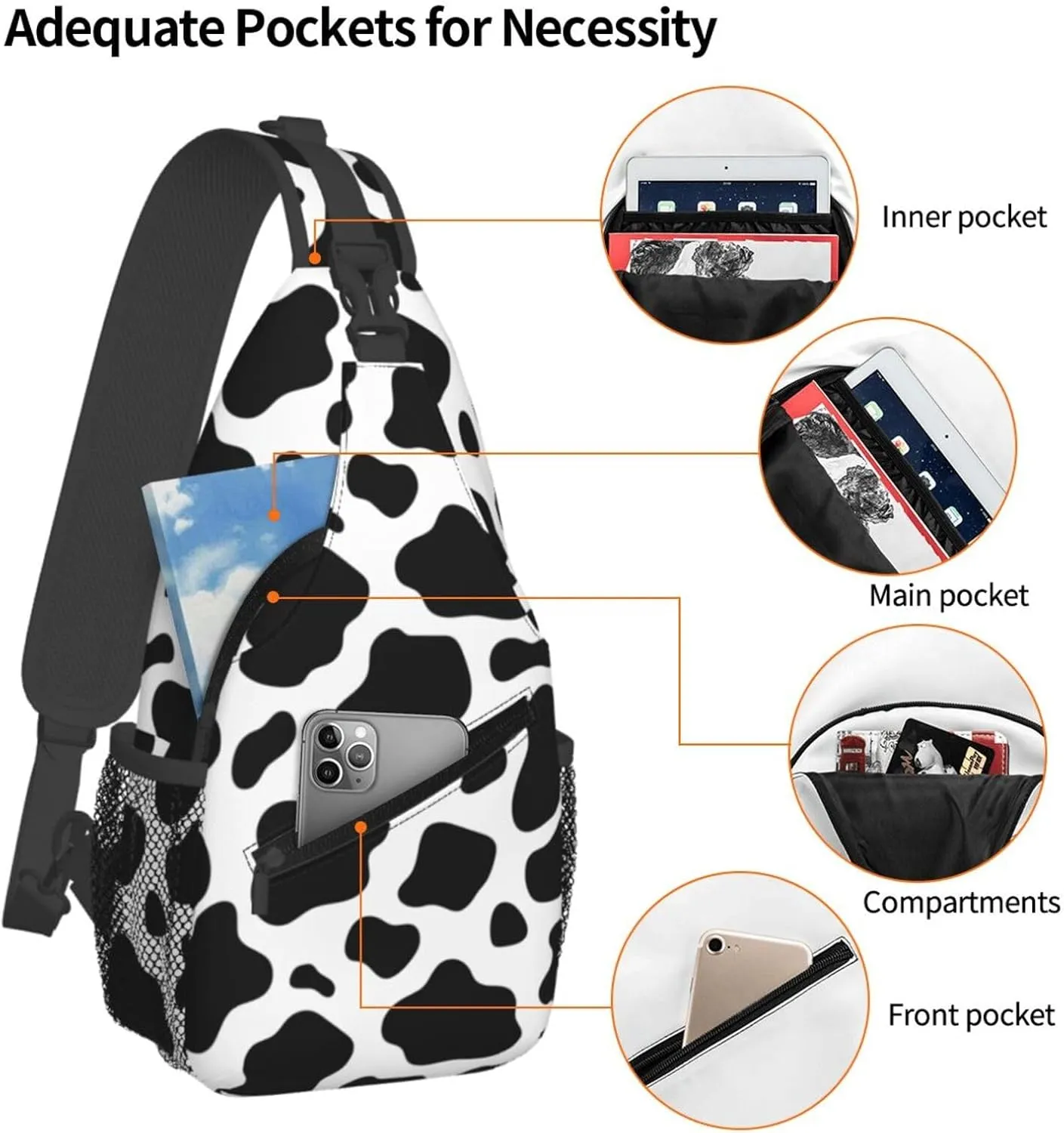 Black White Cow Print Cross Chest Bag Diagonally Hiking Crossbody Bag Travel Shoulder Daypack Lightweight Sling Backpack Cycling Daypacks Fitness Chest Backpacks