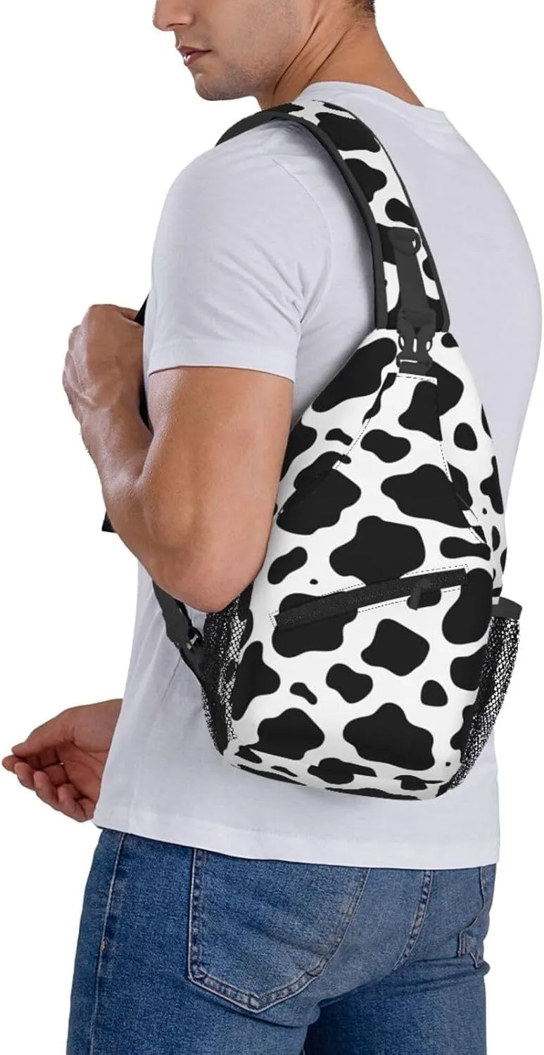 Black White Cow Print Cross Chest Bag Diagonally Hiking Crossbody Bag Travel Shoulder Daypack Lightweight Sling Backpack Cycling Daypacks Fitness Chest Backpacks