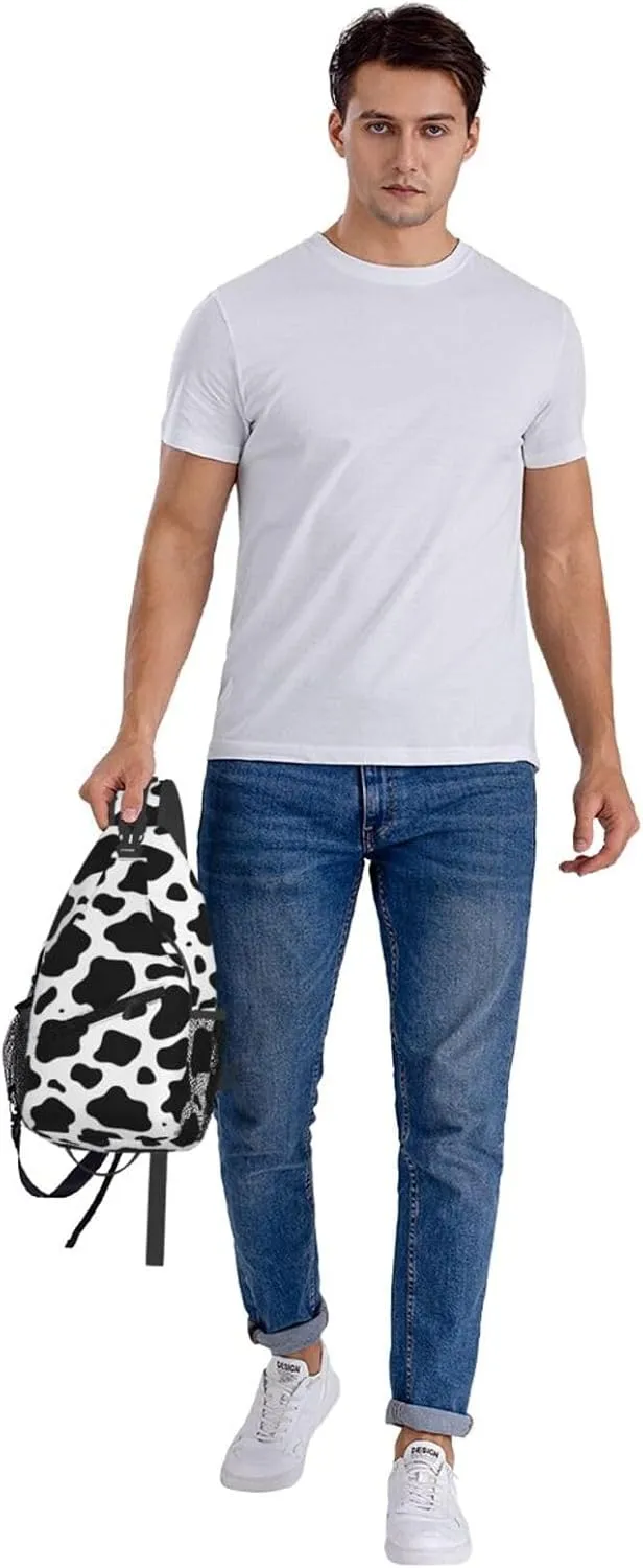 Black White Cow Print Cross Chest Bag Diagonally Hiking Crossbody Bag Travel Shoulder Daypack Lightweight Sling Backpack Cycling Daypacks Fitness Chest Backpacks