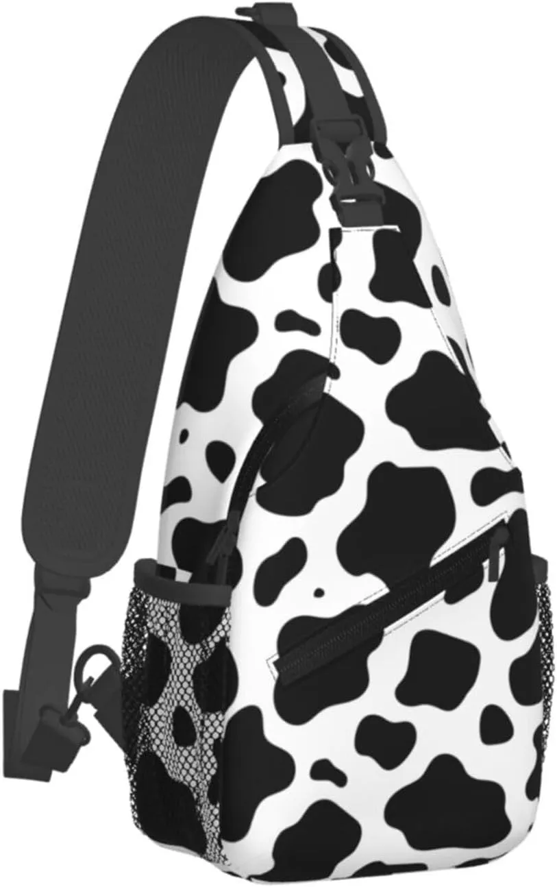 Black White Cow Print Cross Chest Bag Diagonally Hiking Crossbody Bag Travel Shoulder Daypack Lightweight Sling Backpack Cycling Daypacks Fitness Chest Backpacks
