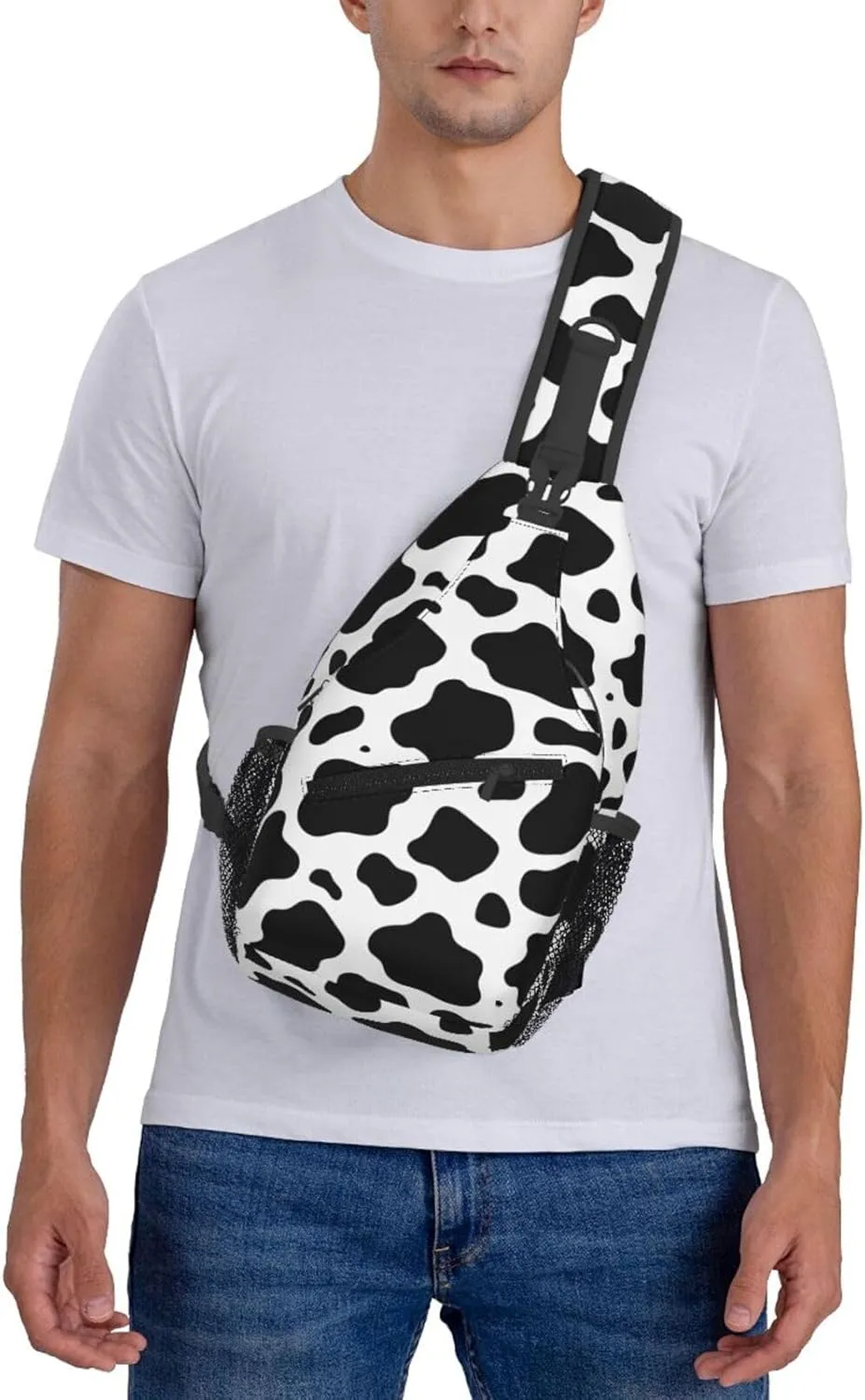 Black White Cow Print Cross Chest Bag Diagonally Hiking Crossbody Bag Travel Shoulder Daypack Lightweight Sling Backpack Cycling Daypacks Fitness Chest Backpacks