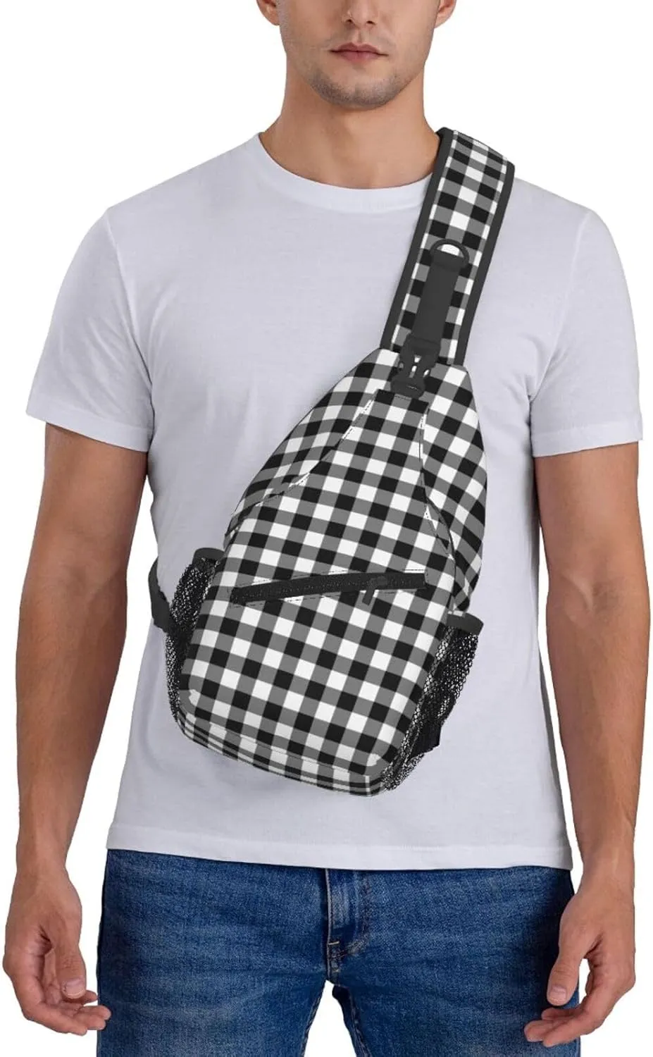Black White Plaid Cross Chest Bag Diagonally Hiking Crossbody Bag Travel Shoulder Daypack Lightweight Sling Backpack Cycling Daypacks Fitness Chest Backpacks