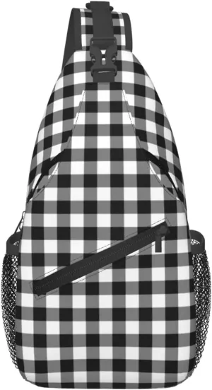 Black White Plaid Cross Chest Bag Diagonally Hiking Crossbody Bag Travel Shoulder Daypack Lightweight Sling Backpack Cycling Daypacks Fitness Chest Backpacks