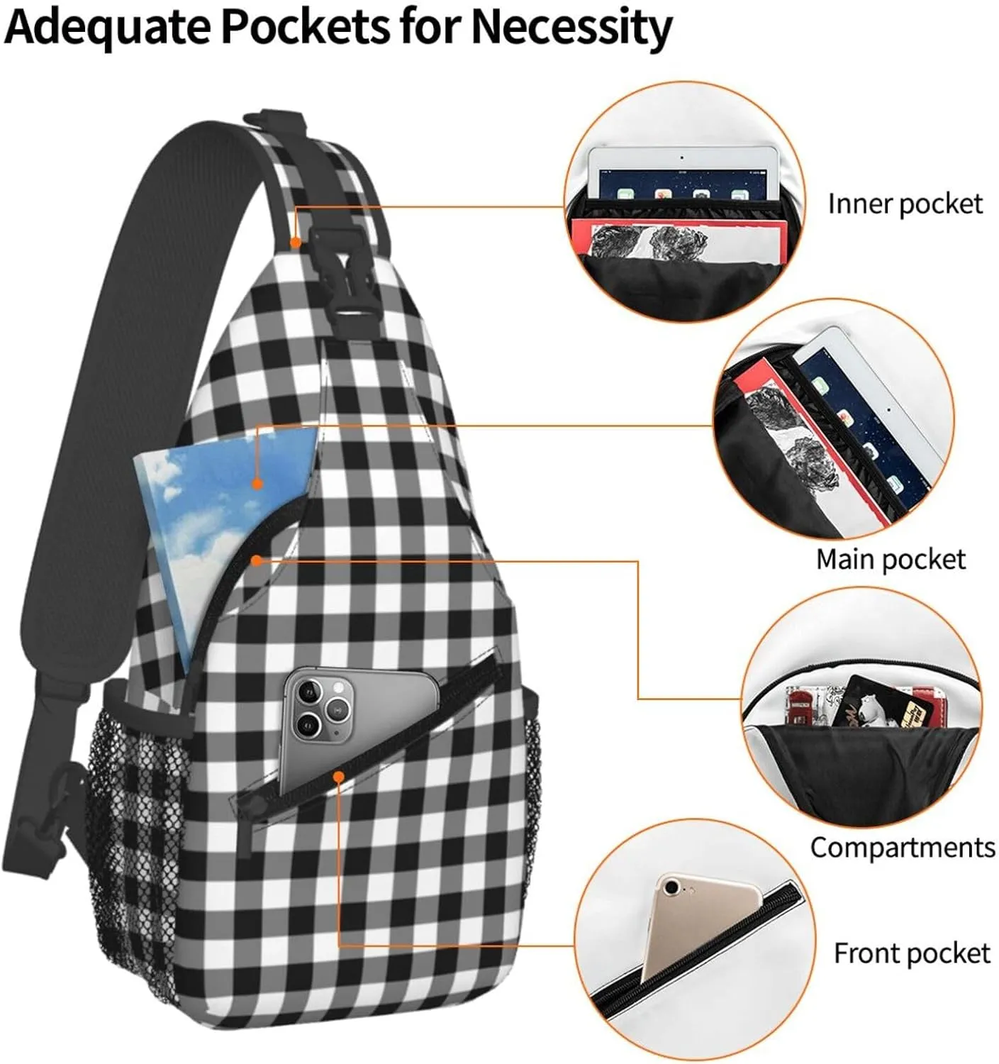 Black White Plaid Cross Chest Bag Diagonally Hiking Crossbody Bag Travel Shoulder Daypack Lightweight Sling Backpack Cycling Daypacks Fitness Chest Backpacks