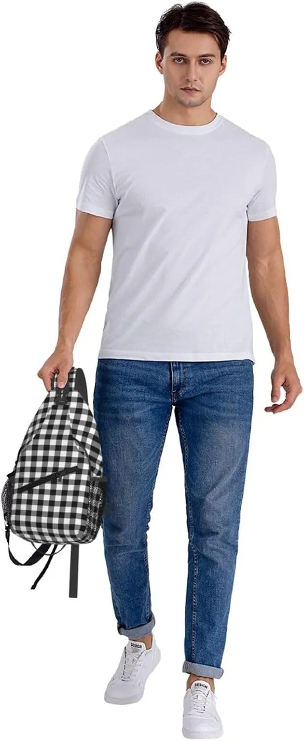 Black White Plaid Cross Chest Bag Diagonally Hiking Crossbody Bag Travel Shoulder Daypack Lightweight Sling Backpack Cycling Daypacks Fitness Chest Backpacks