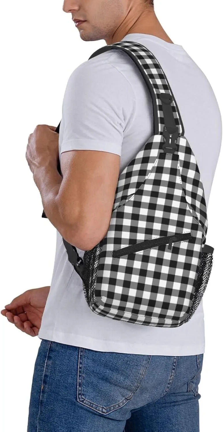 Black White Plaid Cross Chest Bag Diagonally Hiking Crossbody Bag Travel Shoulder Daypack Lightweight Sling Backpack Cycling Daypacks Fitness Chest Backpacks