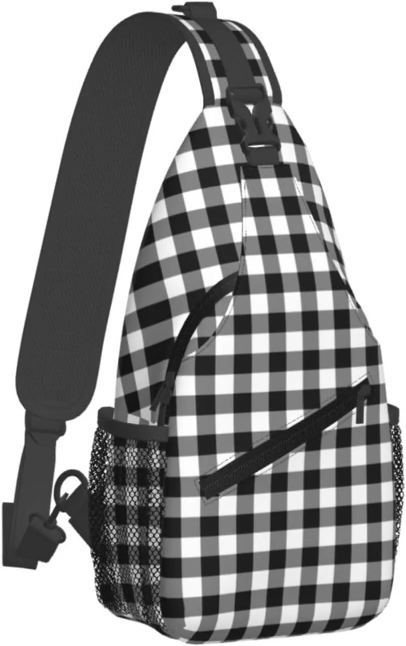 Black White Plaid Cross Chest Bag Diagonally Hiking Crossbody Bag Travel Shoulder Daypack Lightweight Sling Backpack Cycling Daypacks Fitness Chest Backpacks