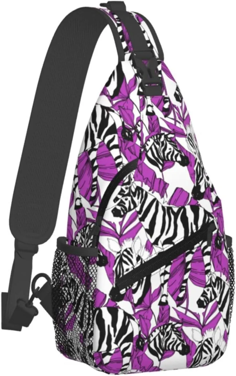 Black White Zebra Exotic Purple Tropical Leaf Cross Chest Bag Diagonally Hiking Crossbody Bag Travel Shoulder Daypack Lightweight Sling Backpack Cycling Daypacks Fitness Chest Backpacks
