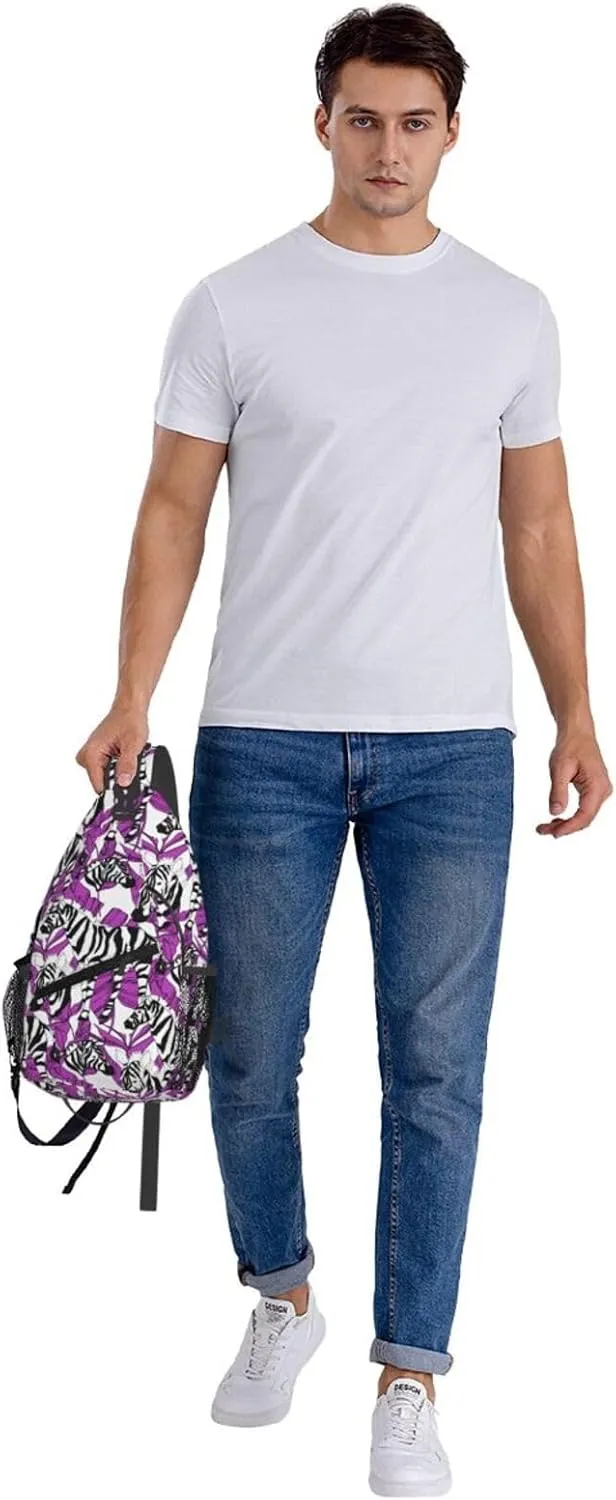 Black White Zebra Exotic Purple Tropical Leaf Cross Chest Bag Diagonally Hiking Crossbody Bag Travel Shoulder Daypack Lightweight Sling Backpack Cycling Daypacks Fitness Chest Backpacks