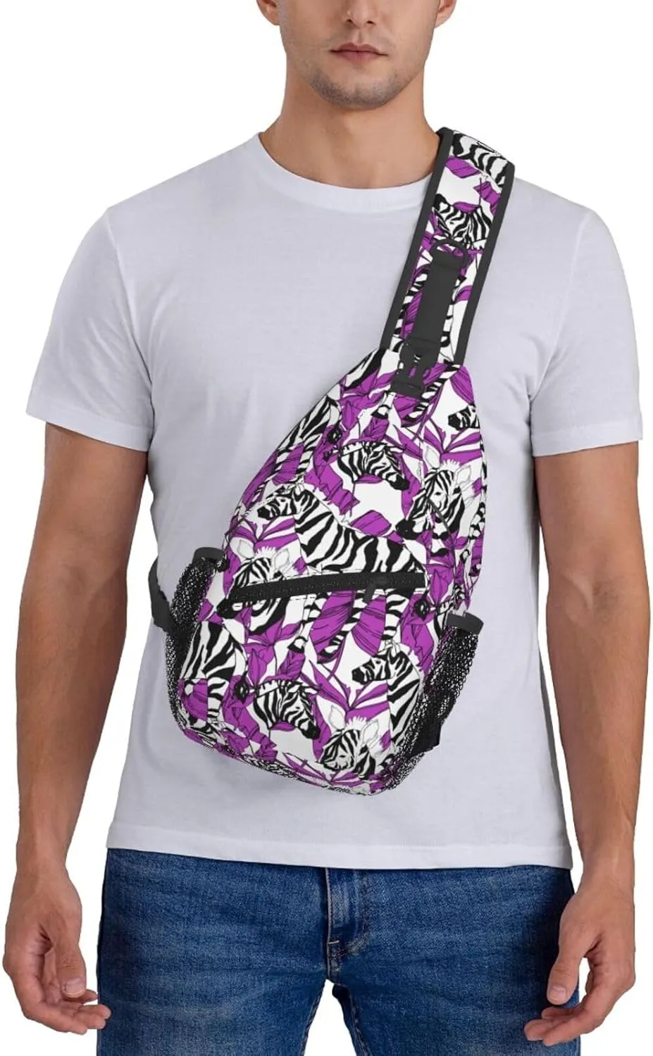 Black White Zebra Exotic Purple Tropical Leaf Cross Chest Bag Diagonally Hiking Crossbody Bag Travel Shoulder Daypack Lightweight Sling Backpack Cycling Daypacks Fitness Chest Backpacks