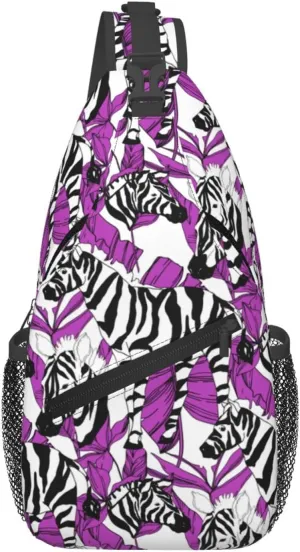 Black White Zebra Exotic Purple Tropical Leaf Cross Chest Bag Diagonally Hiking Crossbody Bag Travel Shoulder Daypack Lightweight Sling Backpack Cycling Daypacks Fitness Chest Backpacks