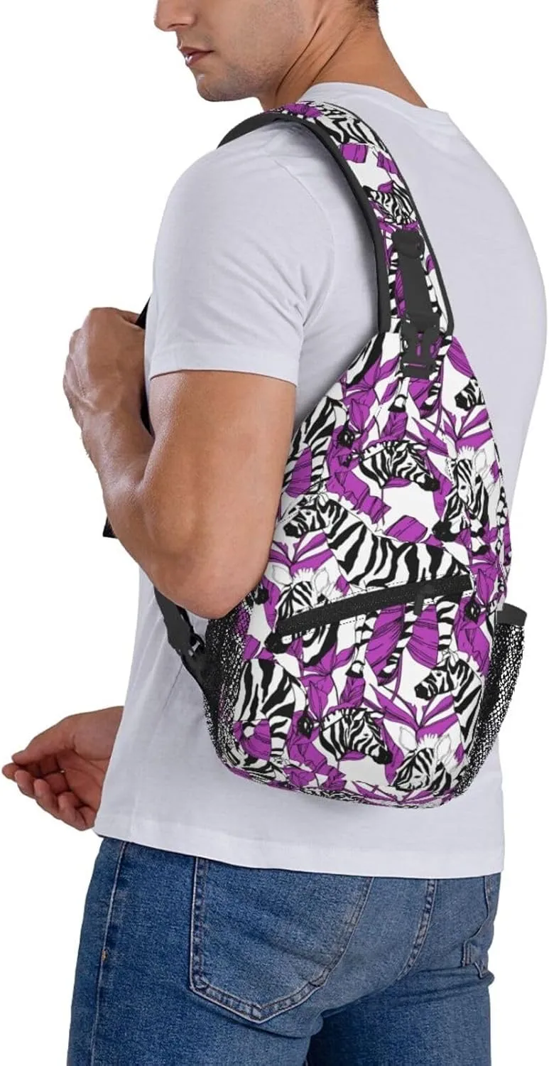Black White Zebra Exotic Purple Tropical Leaf Cross Chest Bag Diagonally Hiking Crossbody Bag Travel Shoulder Daypack Lightweight Sling Backpack Cycling Daypacks Fitness Chest Backpacks