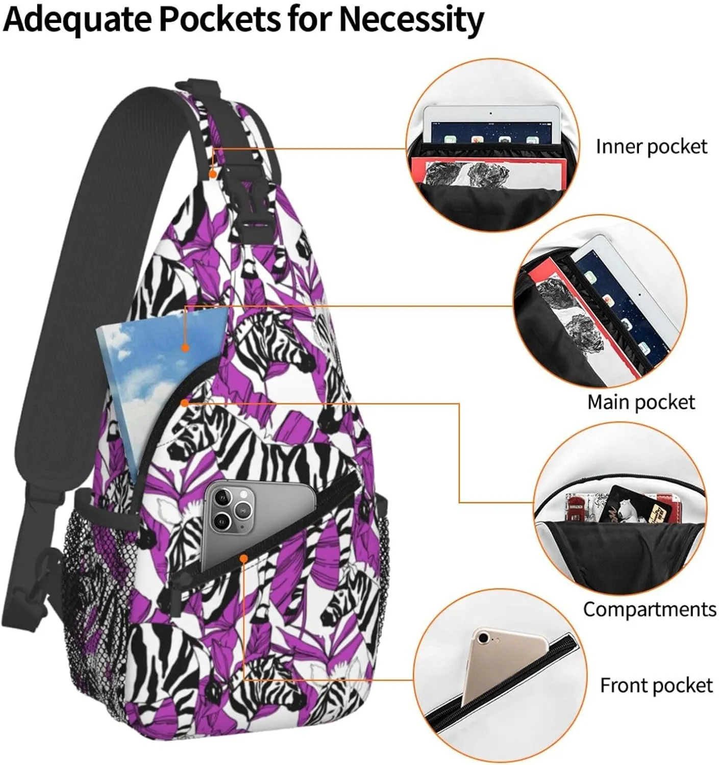 Black White Zebra Exotic Purple Tropical Leaf Cross Chest Bag Diagonally Hiking Crossbody Bag Travel Shoulder Daypack Lightweight Sling Backpack Cycling Daypacks Fitness Chest Backpacks