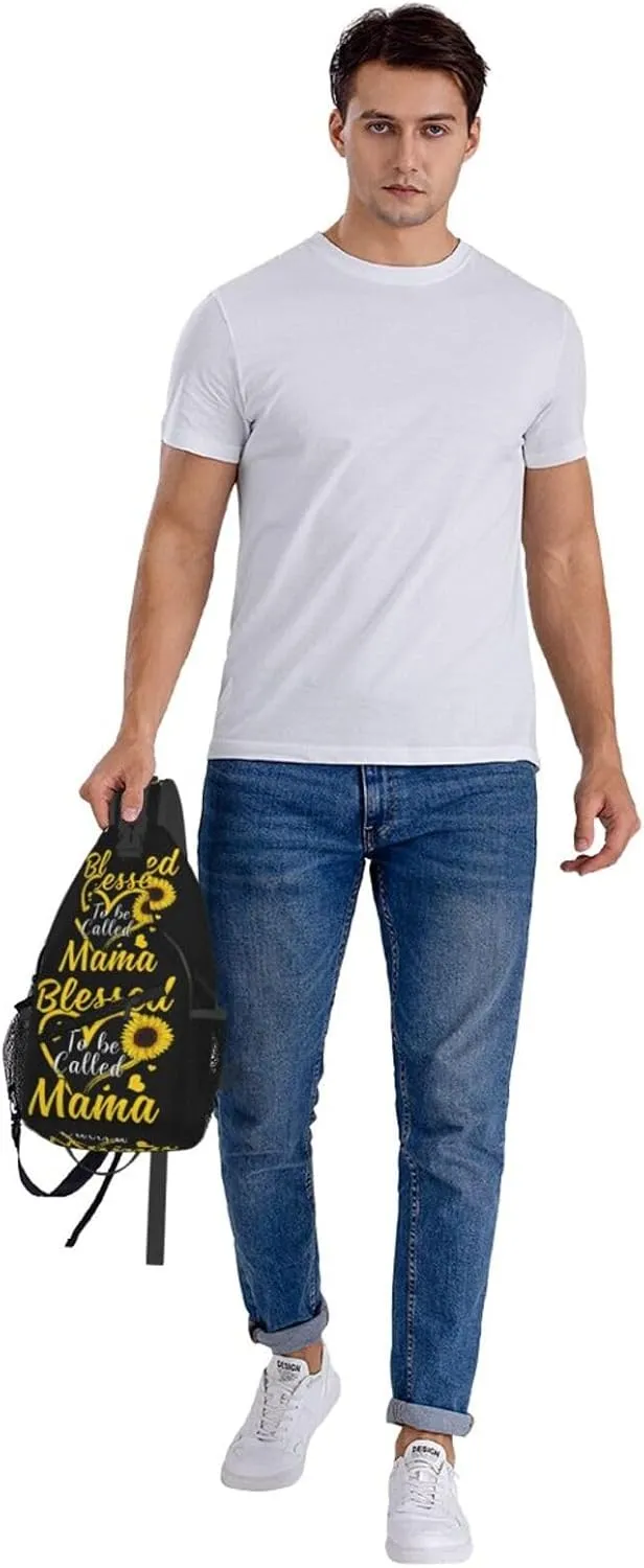 Blessed To Be Called Mama Sunflower Heart Crossbody Bag Cross Chest Bag Adjustable Sling Backpack Sports Gym Shoulder Bags Travel Cycling Daypack Diagonally Casual Rucksack