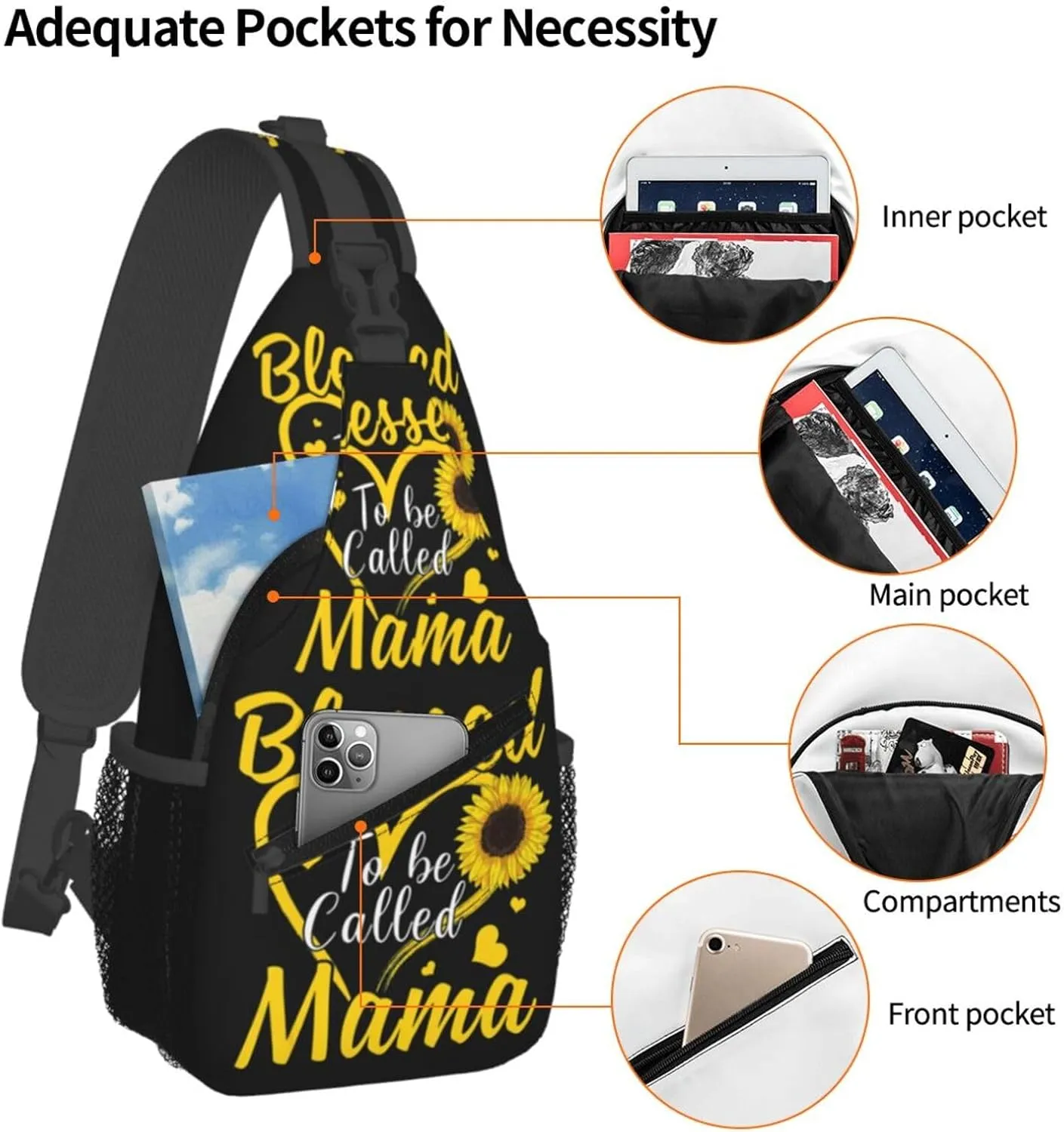 Blessed To Be Called Mama Sunflower Heart Crossbody Bag Cross Chest Bag Adjustable Sling Backpack Sports Gym Shoulder Bags Travel Cycling Daypack Diagonally Casual Rucksack