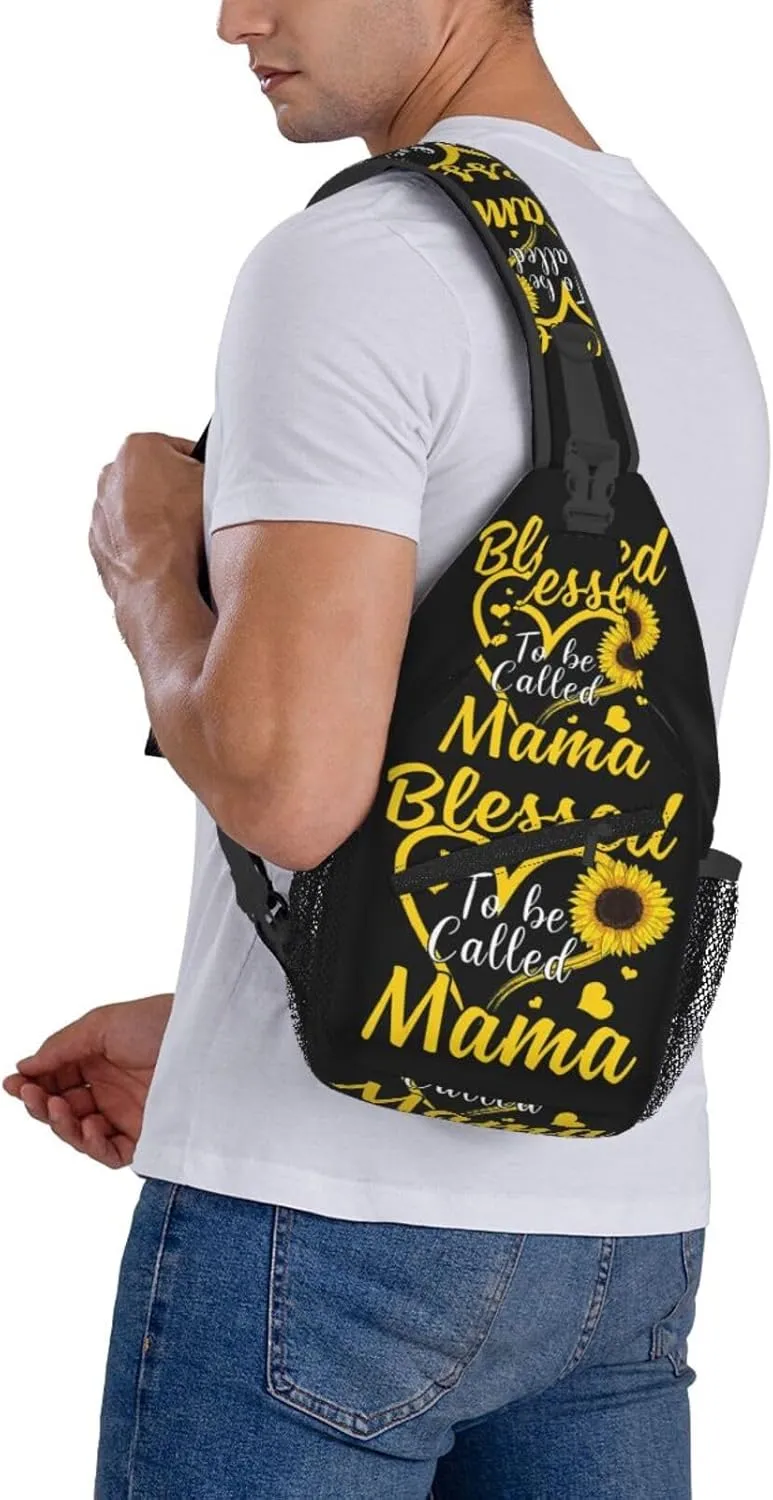 Blessed To Be Called Mama Sunflower Heart Crossbody Bag Cross Chest Bag Adjustable Sling Backpack Sports Gym Shoulder Bags Travel Cycling Daypack Diagonally Casual Rucksack