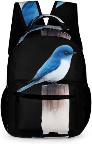 Blue Bird Perched on Stump Cute Backpack Shoulders Bag Casual Daypacks Travel Back Pack for Camping Hiking