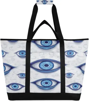 Blue Evil Eyes Reusable Insulated Lunchbox Cooler Bag, Leakproof Kitchen Grocery Bag Collapsible Portable Cooler Tote Bag for Picnic, Camping, Office, Travel