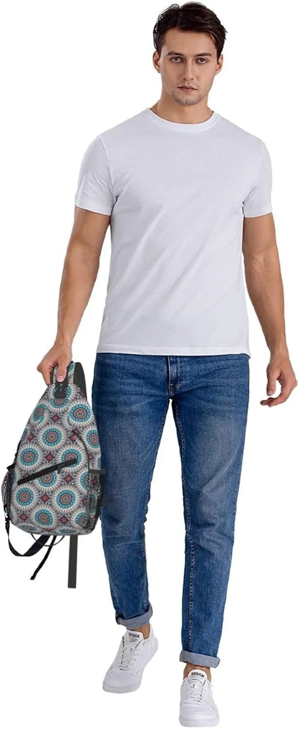 Blue Orange Ethnic Geometry Cross Chest Bag Diagonally Hiking Crossbody Bag Travel Shoulder Daypack Lightweight Sling Backpack Cycling Daypacks Fitness Chest Backpacks