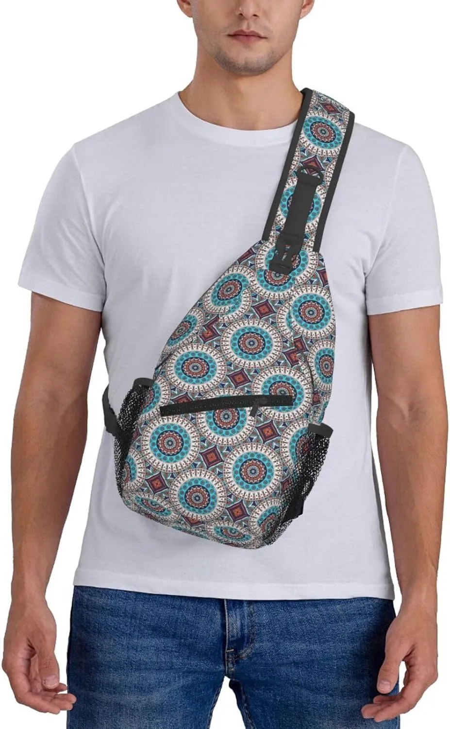 Blue Orange Ethnic Geometry Cross Chest Bag Diagonally Hiking Crossbody Bag Travel Shoulder Daypack Lightweight Sling Backpack Cycling Daypacks Fitness Chest Backpacks