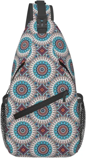 Blue Orange Ethnic Geometry Cross Chest Bag Diagonally Hiking Crossbody Bag Travel Shoulder Daypack Lightweight Sling Backpack Cycling Daypacks Fitness Chest Backpacks