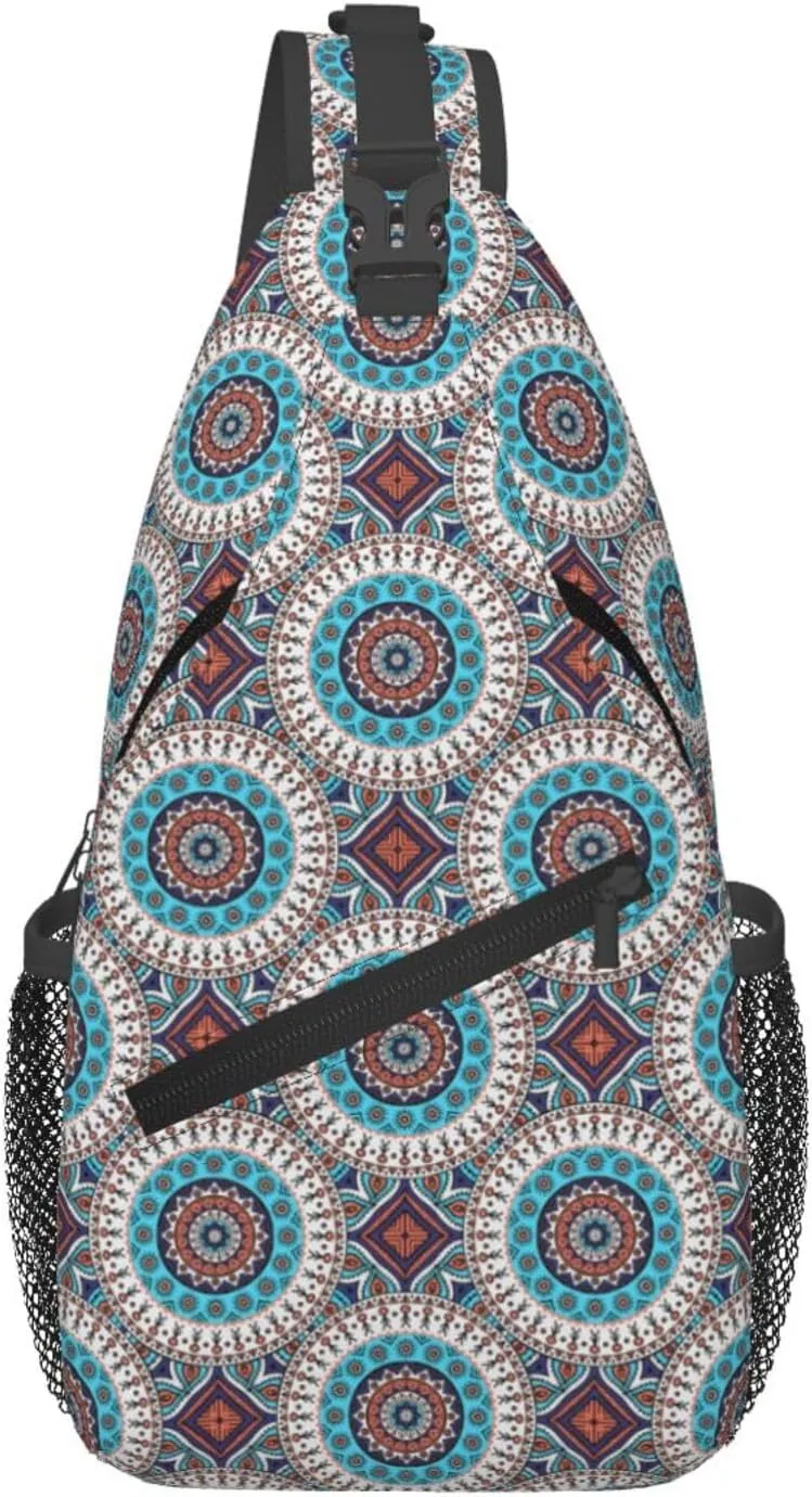 Blue Orange Ethnic Geometry Cross Chest Bag Diagonally Hiking Crossbody Bag Travel Shoulder Daypack Lightweight Sling Backpack Cycling Daypacks Fitness Chest Backpacks