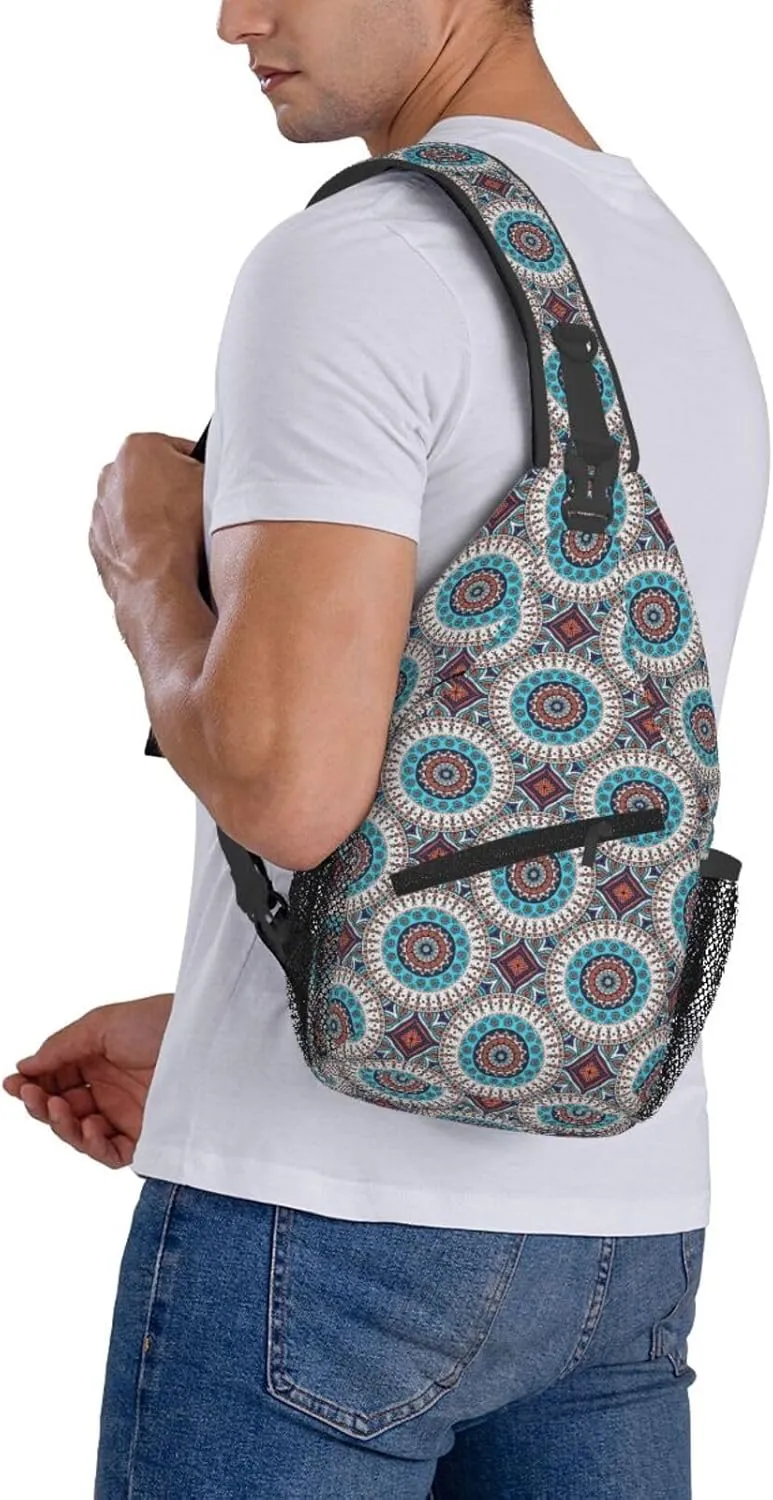 Blue Orange Ethnic Geometry Cross Chest Bag Diagonally Hiking Crossbody Bag Travel Shoulder Daypack Lightweight Sling Backpack Cycling Daypacks Fitness Chest Backpacks