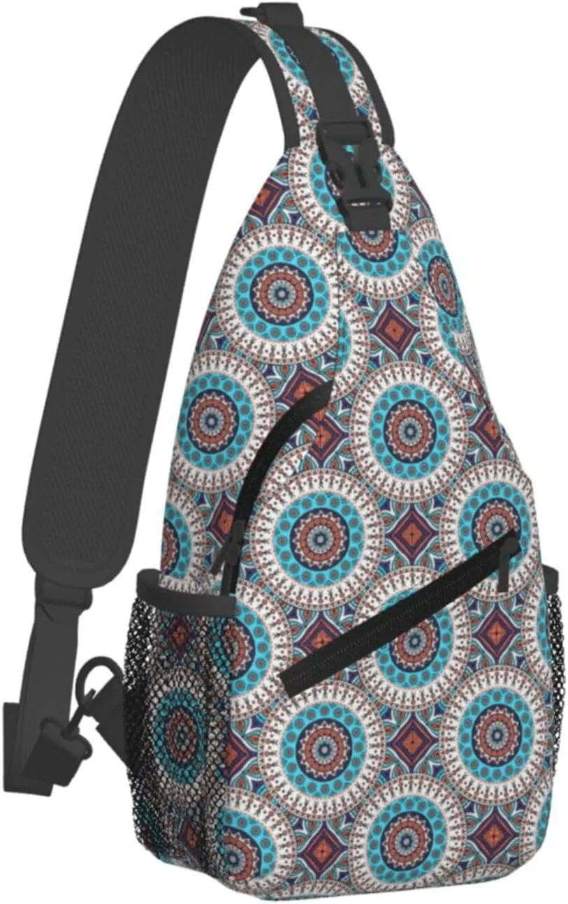 Blue Orange Ethnic Geometry Cross Chest Bag Diagonally Hiking Crossbody Bag Travel Shoulder Daypack Lightweight Sling Backpack Cycling Daypacks Fitness Chest Backpacks