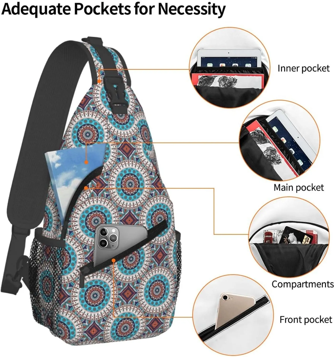 Blue Orange Ethnic Geometry Cross Chest Bag Diagonally Hiking Crossbody Bag Travel Shoulder Daypack Lightweight Sling Backpack Cycling Daypacks Fitness Chest Backpacks