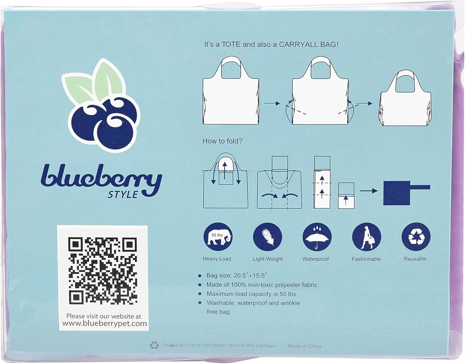 Blueberry Pet Wildflower Print Lightweight Eco-Friendly Reusable Shopping Bag, Lavender, Washable, Pet Parent Must-Have Durable Foldable Grocery Tote Bag and Carryall