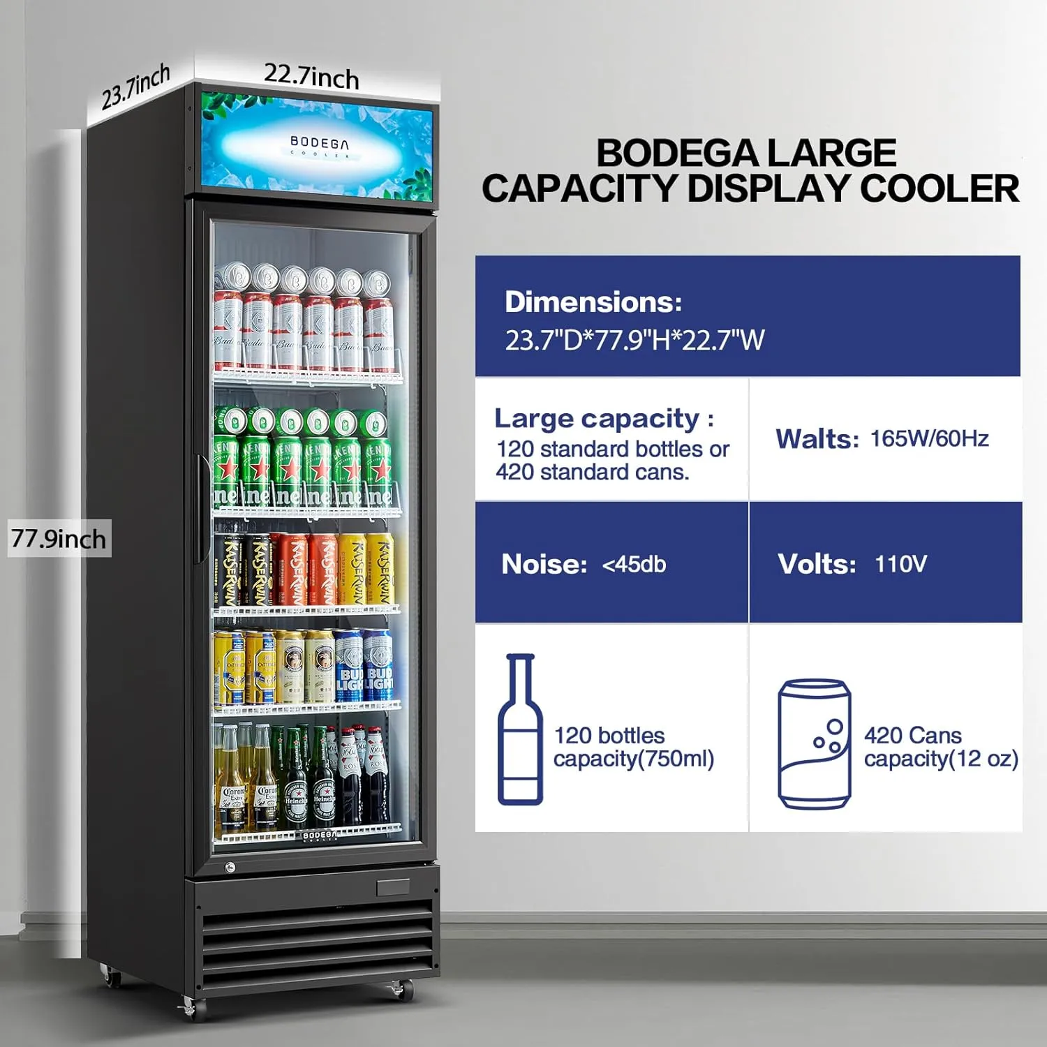 BODEGACOOLER Beverage Refrigerator and Cooler, 12.5 Cu. Ft Commercial Refrigerators for Drink, Beer, Glass Door Display Refrigerator with Soft LED Light. Commercial Fridge as Bar Cooler For Party.