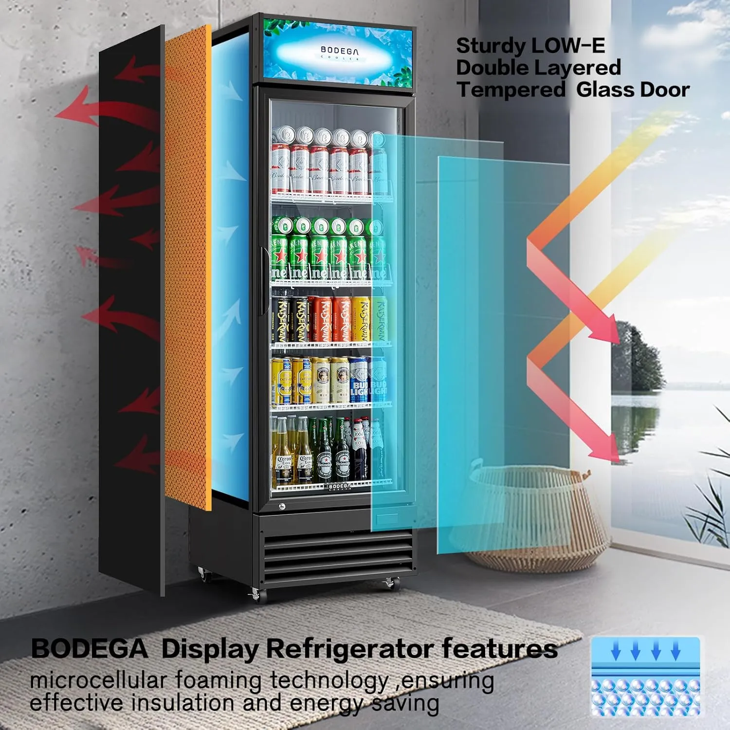 BODEGACOOLER Beverage Refrigerator and Cooler, 12.5 Cu. Ft Commercial Refrigerators for Drink, Beer, Glass Door Display Refrigerator with Soft LED Light. Commercial Fridge as Bar Cooler For Party.