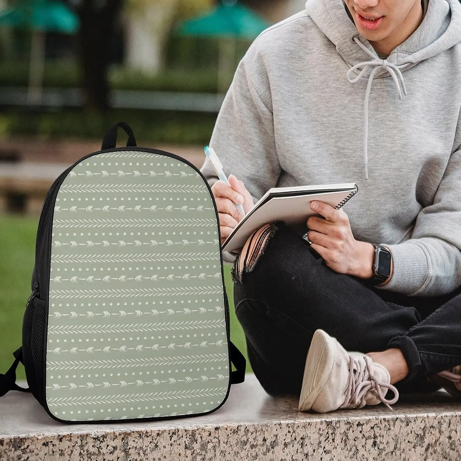 Boho Arrows Mudcloth Style Modern Sage Green Backpack Lightweight Waterproof Backpacks Laptop Backpack for Unisex Casual Travel Daypacks Large Capacity