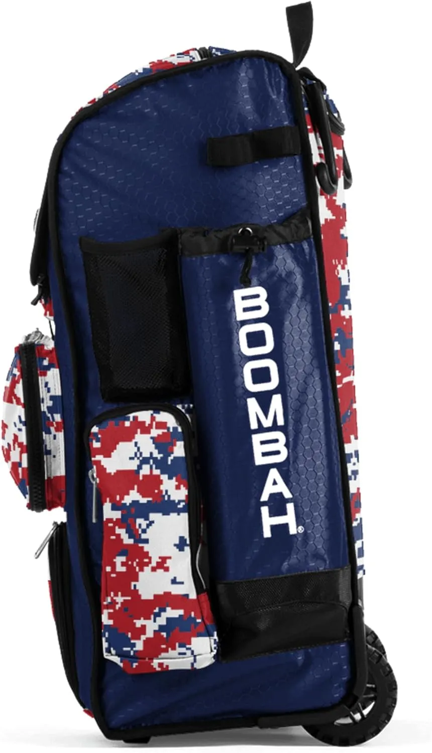 Boombah Rolling Superpack Baseball/Softball Gear Bag - BRSP2CMC23 Digital Camo Royal/Red - Telescopic Handle - Holds 4 Bats - Wheeled Version