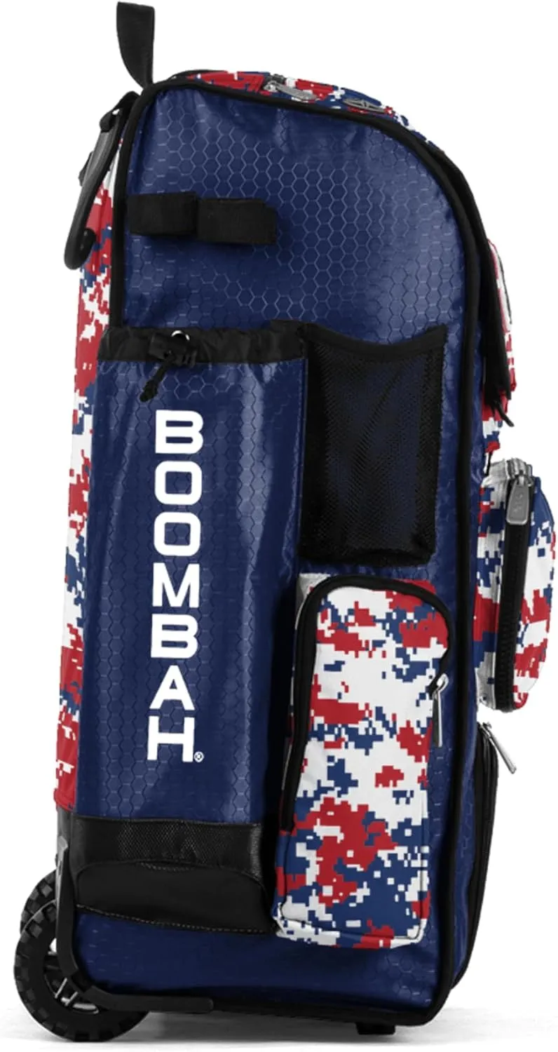 Boombah Rolling Superpack Baseball/Softball Gear Bag - BRSP2CMC23 Digital Camo Royal/Red - Telescopic Handle - Holds 4 Bats - Wheeled Version