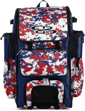 Boombah Rolling Superpack Baseball/Softball Gear Bag - BRSP2CMC23 Digital Camo Royal/Red - Telescopic Handle - Holds 4 Bats - Wheeled Version