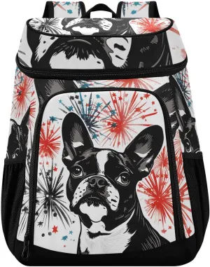 Boston Terrier Fireworks Cooler Backpack Insulated Leak Proof Beach Cooler Bag 30 Cans Waterproof Lightweight Soft Lunch Picnic Hiking Camping Backpack Cooler for Men Women