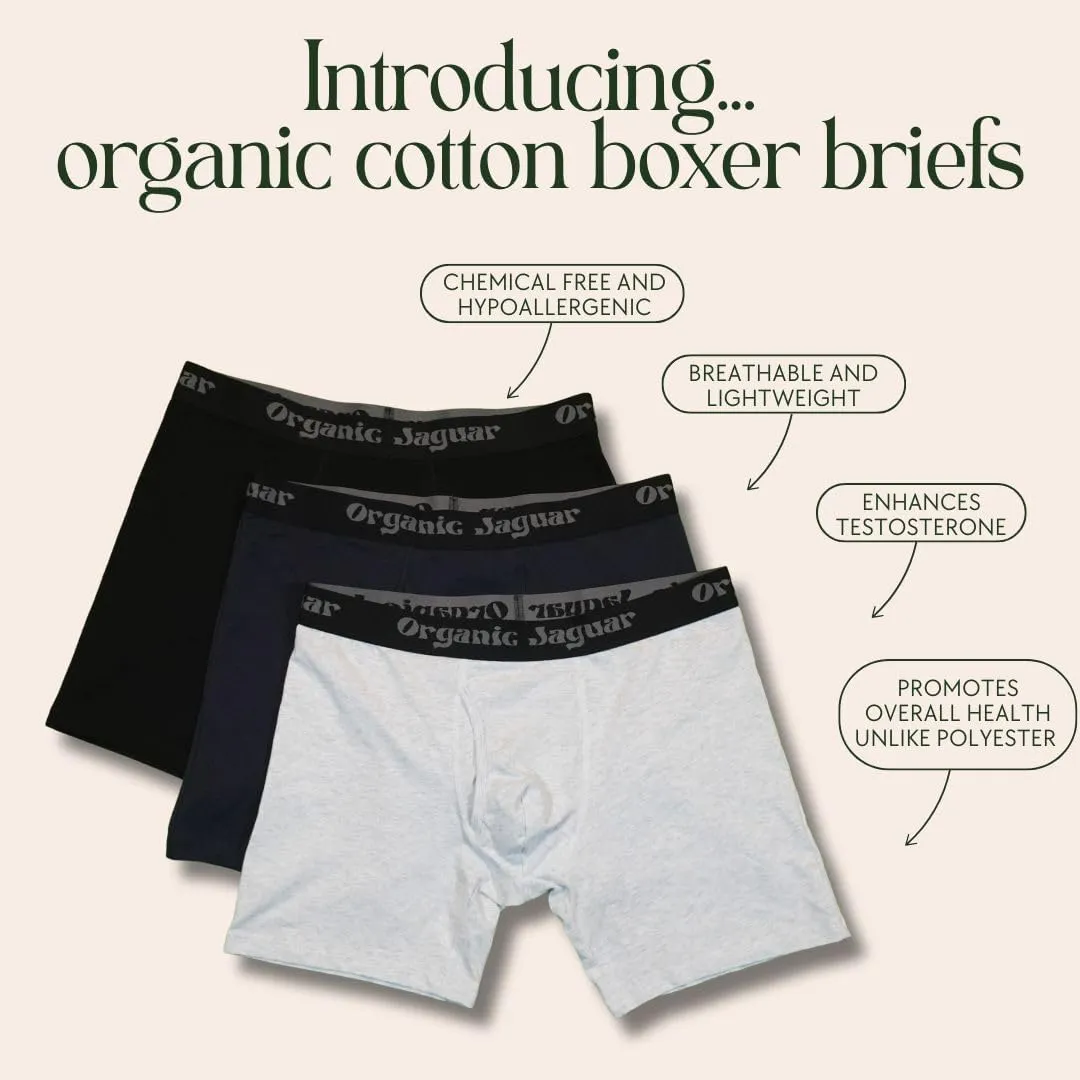 Boxers Briefs for Men, 3 Pack, 100% Cotton, Sustainable, Soft, Lightweight, Breathable, Black/Grey/Blue